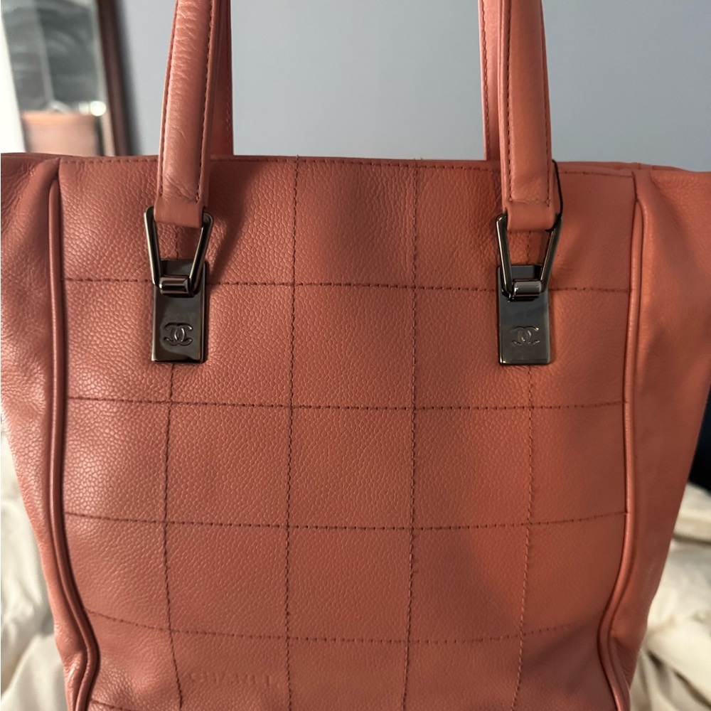 CHANEL Chocolate Bar Pink Quilted Tote Bag with Matte Finish